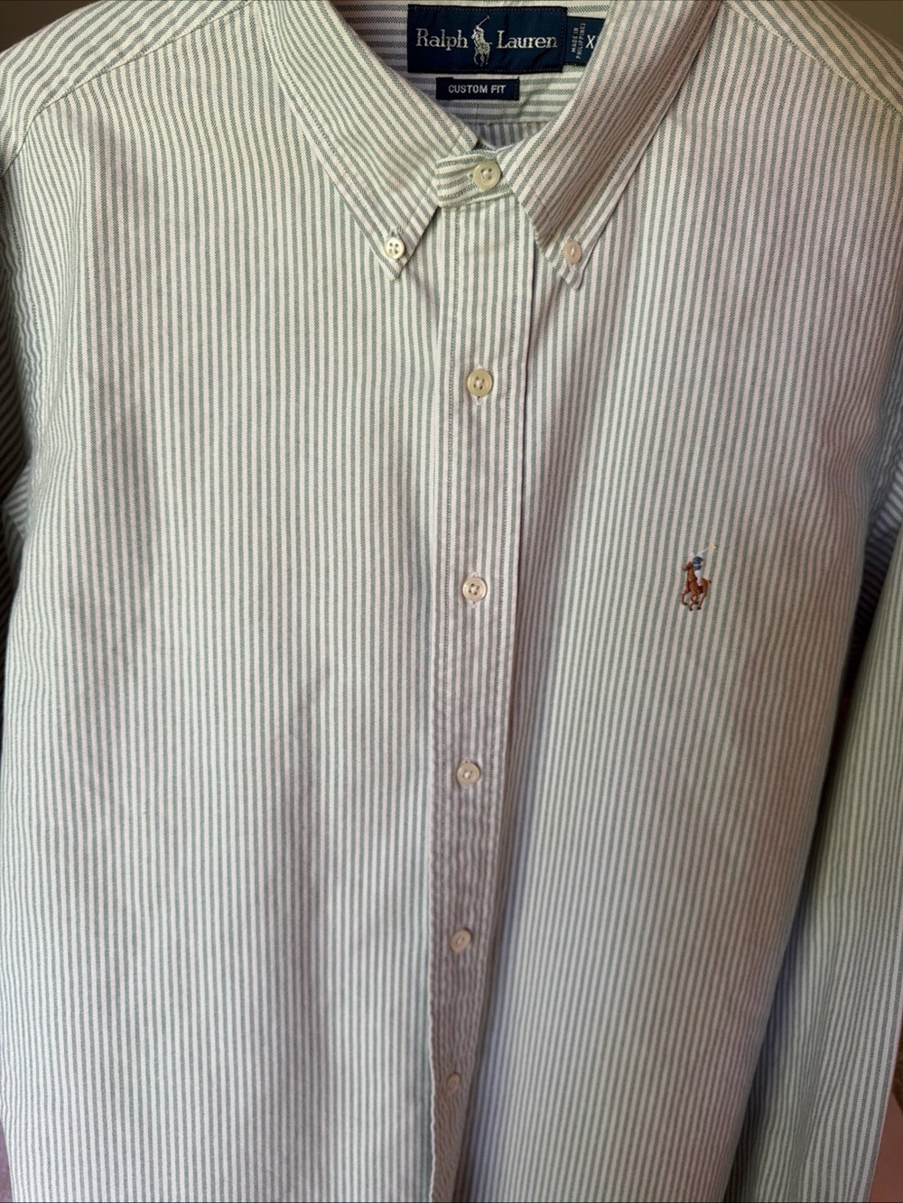 Ralph Lauren Men’s Green and White Stripe Button-Down Shirt
